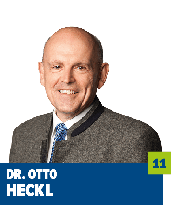 Professionelles Porträt von Dr. Otto Heckl vor dunklem Hintergrund. Er trägt ein weißes Hemd, eine Krawatte und eine graue Trachtenjacke. Das freundliche Lächeln und der direkte Blick vermitteln Erfahrung, Seriosität und Vertrauen und eignen sich sehr gut für die persönliche Vorstellung im beruflichen, politischen oder organisatorischen Kontext.