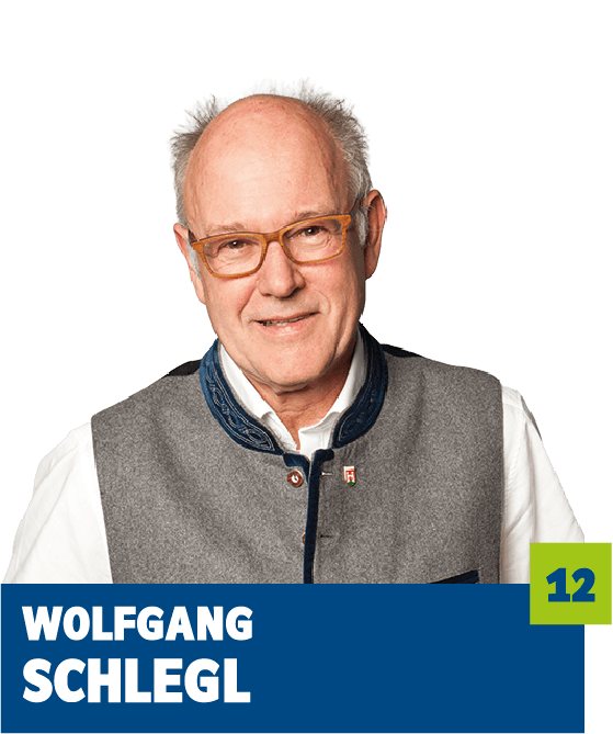 Professionelles Porträt von Wolfgang Schlegl vor dunklem Hintergrund. Er trägt ein weißes Hemd und eine graue Trachtenweste mit blauem Kragen sowie eine Brille. Der ruhige Blick und das traditionelle Erscheinungsbild vermitteln Erfahrung, Bodenständigkeit und Seriosität und eignen sich ideal für die persönliche Vorstellung im beruflichen oder organisatorischen Kontext.