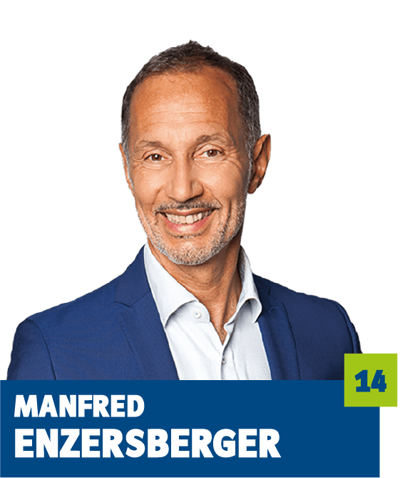 Professionelles Porträt von Manfred Enzersberger vor dunklem Hintergrund. Er trägt ein weißes Hemd und ein blaues Sakko und lächelt offen in die Kamera. Der direkte Blick, das gepflegte Erscheinungsbild und der freundliche Gesichtsausdruck vermitteln Erfahrung, Kompetenz und eine souveräne, vertrauensvolle Ausstrahlung und eignen sich sehr gut für die persönliche Vorstellung im beruflichen oder organisatorischen Kontext.